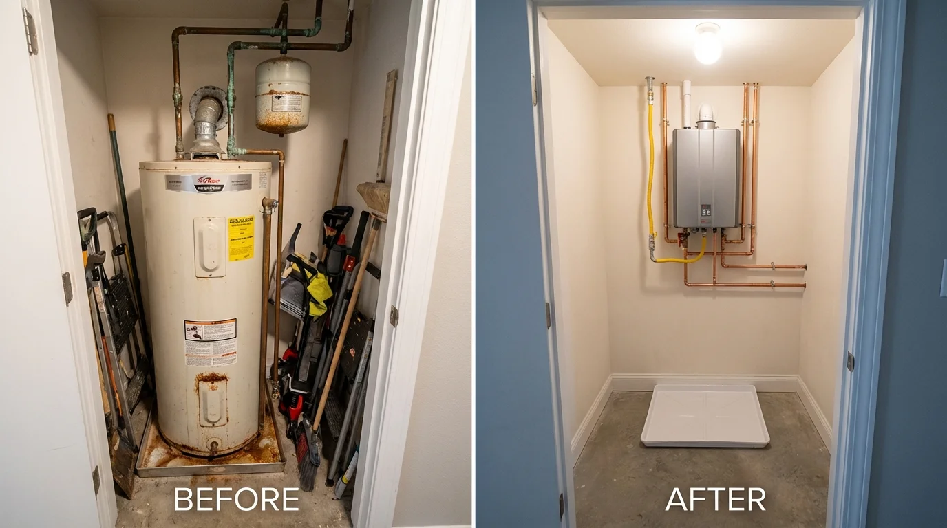 Tank water heater versus wall-mounted tankless unit comparison for Alma, KS homeowners