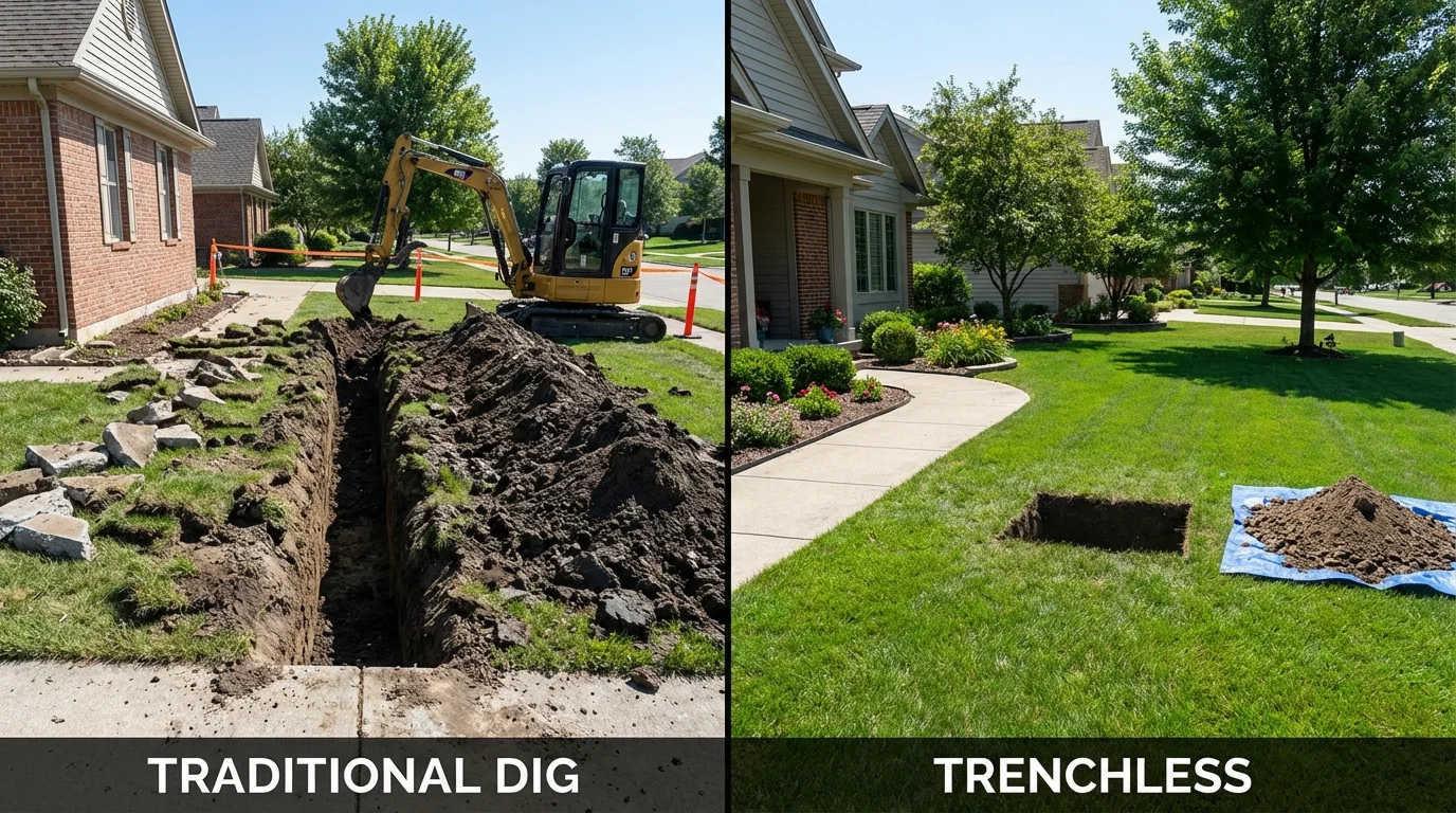 Trenchless sewer repair with minimal yard damage versus traditional excavation in Alma, KS