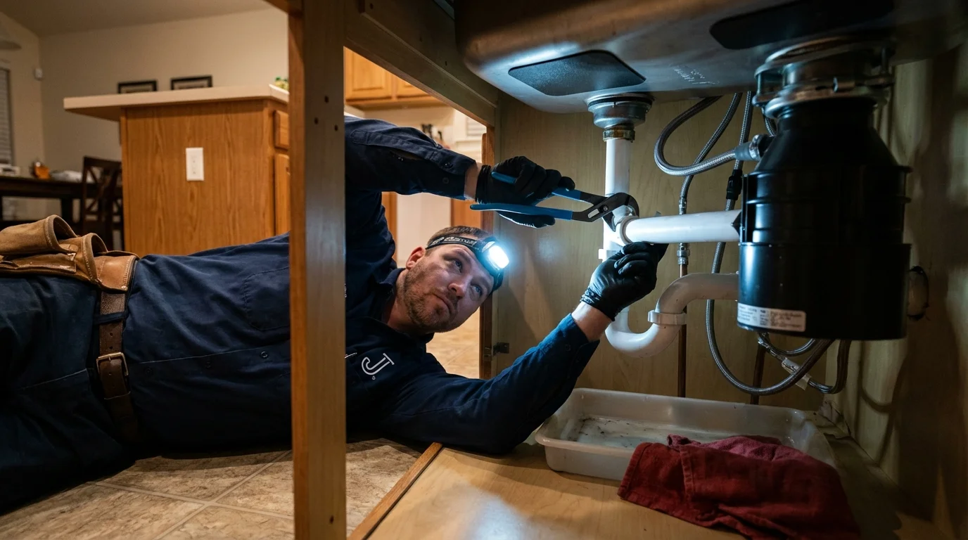 P-trap and supply line connections under a kitchen sink showing a common leak point in Alma, KS